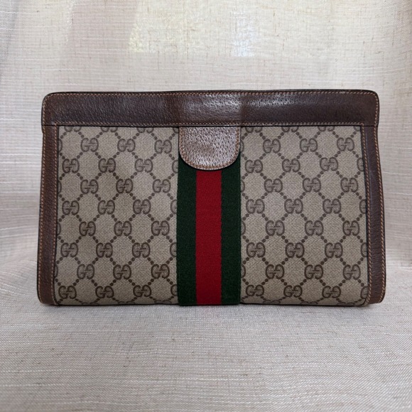Gucci Handbags - Vintage Gucci Clutch GG Supreme Web Sherry Line Stripe Brown Leather Canvas Bag